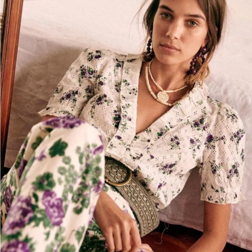 Sézane Andie Floral Print Eyelet Blouse Sz 36 4